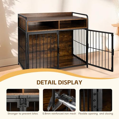 Sulives 41 inch Dog Crate Furniture for Large Dogs,Wooden Dog Crate with Divider,Double Door Dog Kennel with Two Drawers Storages,Reinforced Horizontal Bars,Indoor Dog Crate - WoodArtSupply