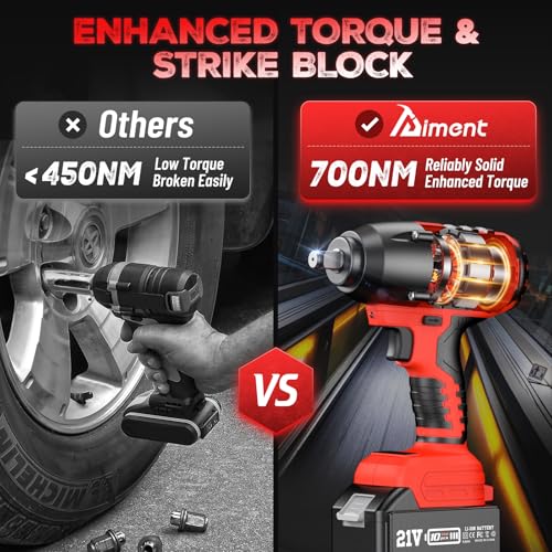 Aiment Cordless Impact Wrench 1/2 inch, 550 Ft-lbs Max Torque(700 N.m), 21V 3000 RPM Brushless Power Impact Gun, 4.0 Ah Battery with Fast Charger, 6 Pcs Sockets, Electric Impact Driver for Car Home Aiment