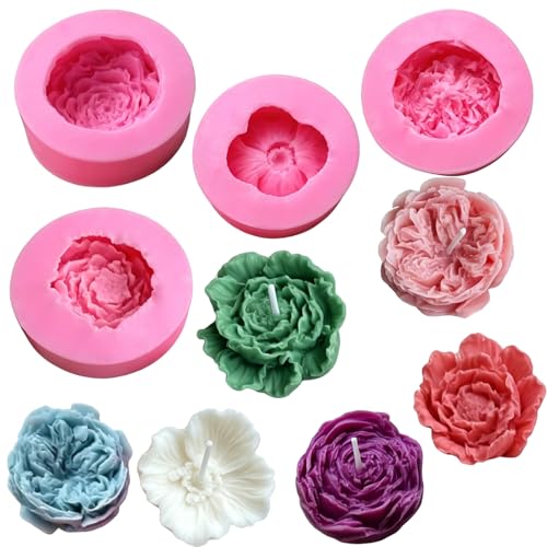 4 Pcs Flower Silicone Molds, Flower Candle Molds for Candle Making,3D Floral Silicone Resin Mold Peony Rose Ranunculus Fondant Mold for Chocolate Cake Decorating Soap Wax Resin Craft