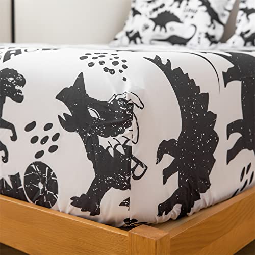 lishjekee Dinosaur Sheet Set Full for Boys 4 Pieces Black White Dinosaur Sheets Kids Bedding Set T-Rex Dino Fitted Sheet Animal Bed Set with 1 Flat Sheet 1 Fitted Sheet 2 Pillowcases Home Decor lishjekee