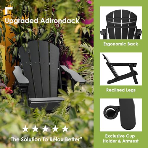 GREENVINES Folding-Adirondack-Chairs-Set-of-2 | HDPE Plastic | Fire Pit Chair | All Weather | Cup Holder | Black | for Deck Backyard Patio Outdoor Garden GREENVINES