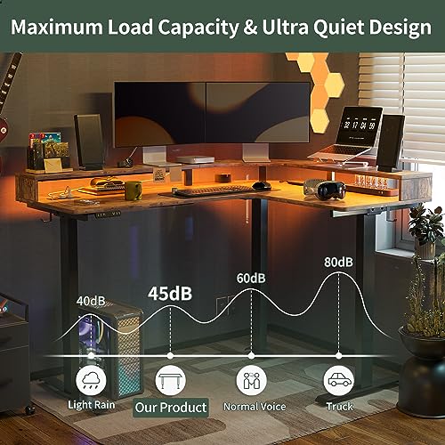 FEZIBO Triple Motor L Shaped Stadning Desk with LED Strip & Power Outrlets，63 inches Height Adjustable Stand up Corner Desk with Ergonomic Monitor Stand, Black Frame/Rustic Brown Top FEZIBO