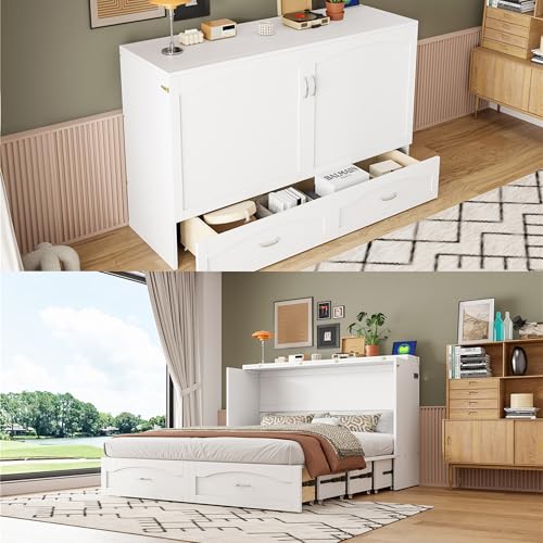 MERITLINE Queen Size Murphy Bed with Storage Drawer Wood Home Office Wall Bed Cabinet with Sockets & USB Ports, Space-Saving for Multipurpose Guest Room White MERITLINE