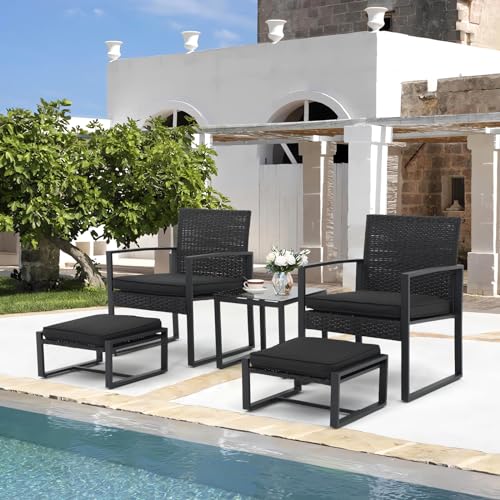 JOIVI 5 Pieces Patio Bistro Set, PE Wicker Outdoor Patio Furniture Set, Modern Rattan Patio Chairs with Table & Ottomans, Patio Conversation Sets for Balcony, Front Porch, Garden, Black Cushion JOIVI