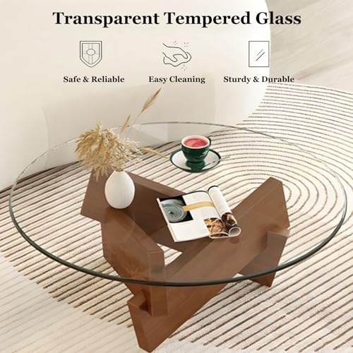 Coffee Table, Round Coffee Table for Living Room Modern Glass Coffee Table with Solid Wood Legs Farmhouse Mid Century Center Table Large Circle Cocktail Table (Walnut + Transparent, 31.5in) dnziqi