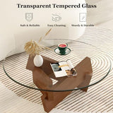 Coffee Table, Round Coffee Table for Living Room Modern Glass Coffee Table with Solid Wood Legs Farmhouse Mid Century Center Table Large Circle Cocktail Table (Walnut + Transparent, 31.5in) dnziqi