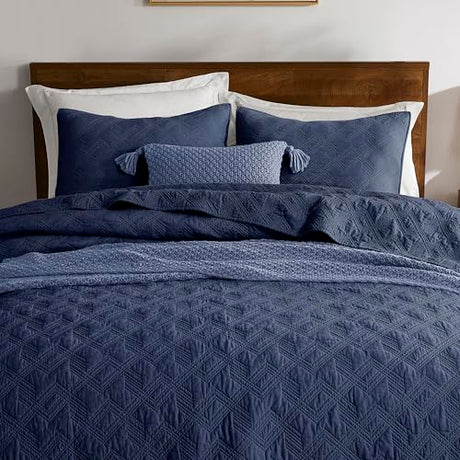 WDCOZY 100% Cotton King Size Quilt Set - Navy Blue Pre-Washed Soft Lightweight Modern Bedspread, Farmhouse Country Rustic Coverlet, Textured Like Linen, Shabby Chic Gauze Bedding, 3 Pieces WDCOZY