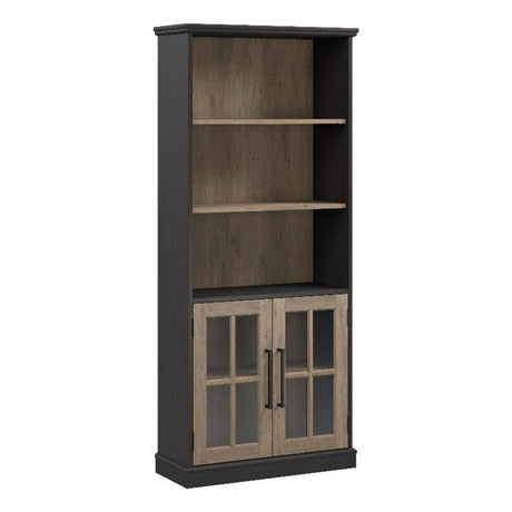 Bush Home Westbrook Tall 5 Shelf Bookcase with Glass Doors in Vintage Black/Restored Tan Hickory, Farmhouse Bookshelf Cabinet for Living Room and Home Office Bush Home