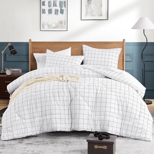 Andency White Grid Comforter Set Twin Size (66x90 Inch), 2 Pieces(1 Grid Comforter and 1 Pillowcase), Summer Lightweight Microfiber Down Alternative White Comforter with Black Lines for Kids Girls Andency
