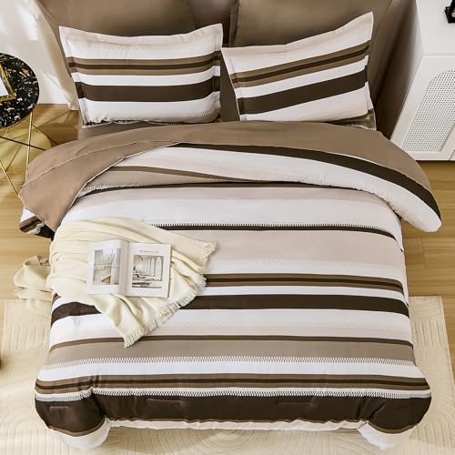 WONGS BEDDING Comforter Queen Size, Brown 7 Pieces Comforter for Queen Bed Striped Bed in a Bag Soft Bedding Comforter Set for All Season(90"×90") WONGS BEDDING