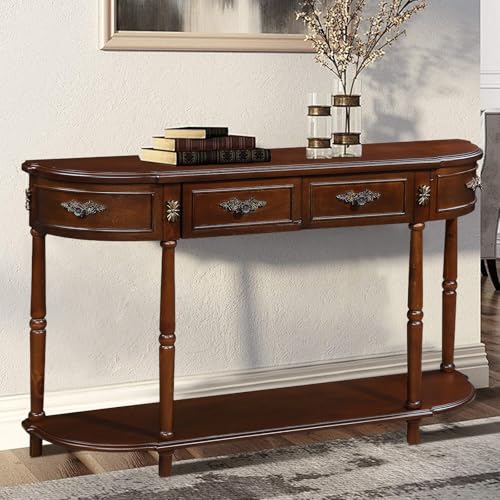HMFULE Retro Curved Console Table, 52" Half Moon Console Table Sofa Table Entryway Table with 2 Drawers 1 Open Shelf Solid Pine Legs for Living Room,Entryway,Hallway,Cherry HMFULE