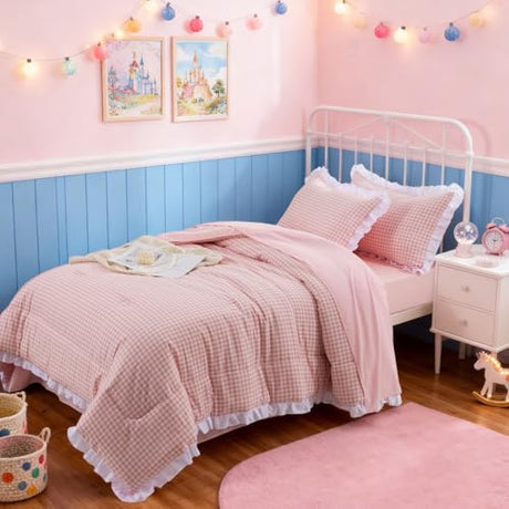 A Nice Night Comforter Twin Size,Pink Ruffle Comforter for Dorm Room Essentials for Twin Bed,Plaid Checkered Chic Bedding Bed in a Bag for Girls A Nice Night