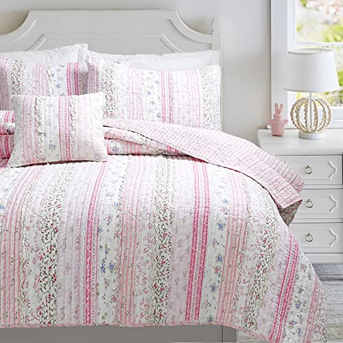 Cozy Line Home Fashions Pink Flower Lace Ruffle Stripe Shabby Chic Girl 100% Cotton Reversible Quilt Bedding Set, Coverlet, Bedspread (Pink Lace, King - 3 Piece: 1 Quilt + 2 Shams) Cozy Line Home Fashions