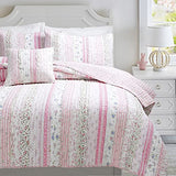 Cozy Line Home Fashions Pink Flower Lace Ruffle Stripe Shabby Chic Girl 100% Cotton Reversible Quilt Bedding Set, Coverlet, Bedspread (Pink Lace, King - 3 Piece: 1 Quilt + 2 Shams) Cozy Line Home Fashions