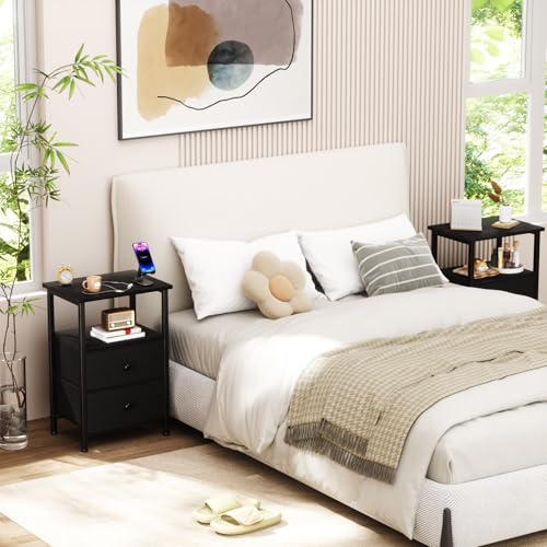LOAKEKEL Night Stand Set 2, Bed Side Table with 2 Fabric Drawers, Nightstand with Open Storage Shelf for Bedroom, Small End Tables Living Room, Black, HETS002BK LOAKEKEL