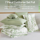 Green Comforter Set Full Size 7 Pieces, Elegant French Toile Botanical Bed in a Bag, Soft Microfiber Farmhouse Complete Bedding Set for All Season WONGS BEDDING