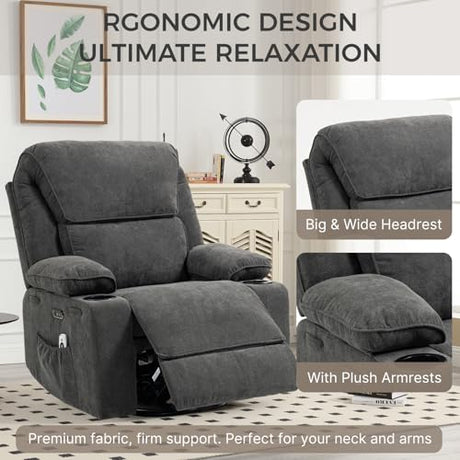 Power Recliner with Rocking, Swivel & Glider - Nursery Chair with One-Touch Button, Vibrating Massage & Heat, USB Charging Ports, Perfect for Nursery, Living Room, or Bedroom Relaxation, Dark Gray BRTHORY
