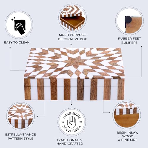 Handicrafts Home Handmade Decorative Storage Box with Lid, Wood & Resin Inlay Geometric Star Design, Coffee Table Storage Box, Remote Control Holder, Keepsake, Wooden Organizer for Home Decor- 8x5x2 Handicrafts Home