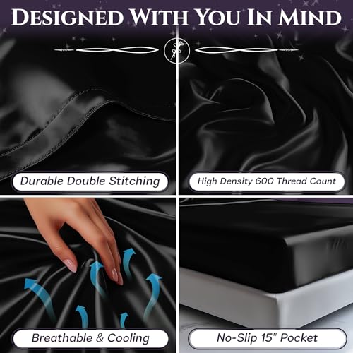 SLEEP SANCTUARY Satin Sheets Queen Size – 4 Piece Luxury Silky Bed Set, Softer Than Silk, 15" Deep Pocket, Cooling & Wrinkle-Free, Moisture-Wicking & Breathable for Hair & Skin (Black) SLEEP SANCTUARY
