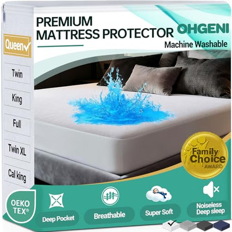 OhGeni Waterproof Mattress Protector, Queen Size Fitted Sheet with Deep Pocket, 6''-18'' Washable Hypoallergenic Mattresses Cover,Noiseless Soft Mattress Pad, Urine,Bedroom Essential,Pee & Dirt-Proof OhGeni