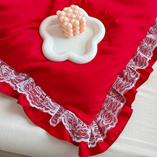 MOOWOO Christmas Chic Ruffle Lace Polyester Duvet Cover Set -Girl Red Bedding-2 Piece Twin Duvet Cover with Zipper Closure -Ultra Soft and Light Weight MOOWOO
