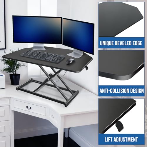 JD Concept 32 inch Black Corner Standing Desk Converter, Assembled One-Click Sit to Stand up Desk Riser, for Dual Monitor and Laptop Height Adjustable Workstation JD Concept