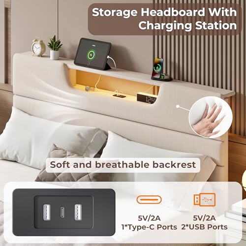OURPIC Queen Bed Frame with Charging Station and LED Light, Upholstered Bed Frame Queen Size with Headboard, Wood Bedframe No Box Spring Needed, Easy Assembly, Beige OURPIC