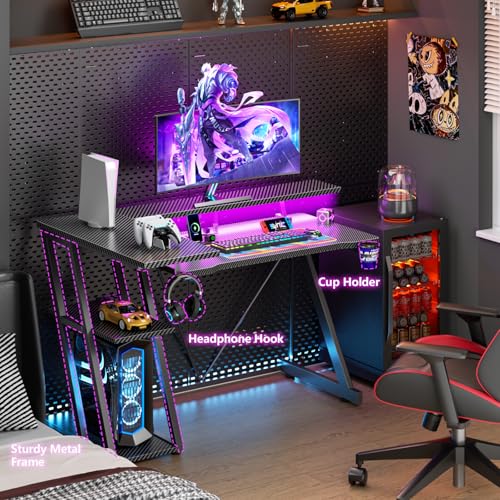 Korfile 40 Inch Gaming Desk with Power Outlet & LED Lights, L Shaped Computer Gaming Table with 3 Tiers Storage Shelves, Corner Gamer Desk with Monitor Stand for Small Space, Carbon Fiber Black Korfile