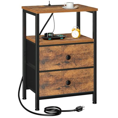 LOAKEKEL Nightstand with Charging Station, End Table with 2 Fabric Drawers, Night Stand for Bedroom, Small Bed Side Table with USB Ports and Outlets for Living Room, Brown, HETS020BR-1