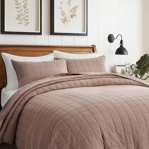 EVERGRACEHOME 100% Cotton Box Stitch Quilt Bedding Set King Size 3 Pieces, Garment-Washed Lightweight Soft Cozy Coverlet, Oversized Quilted Bedspread Sets with 2 Shams for All Season, Clay EVERGRACEHOME