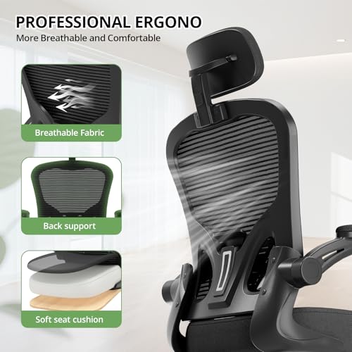 Office Chair Ergonomic Desk Chair, 330LBS Capacity, High Back Computer Chair for Long Hours Comfortable, Rolling Swivel Executive Task Chair for Home Office with Flip-up Armrests, Black Synorla