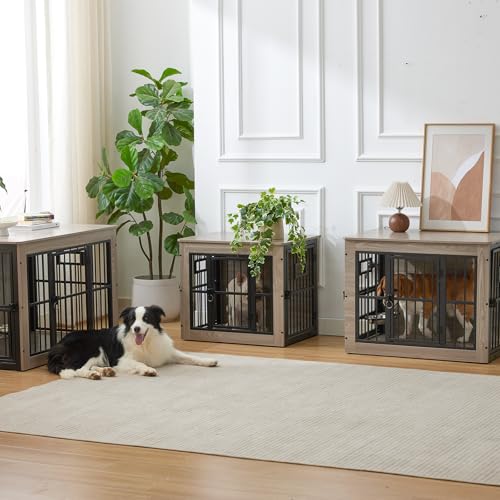 38 Inch Heavy Duty Dog Crate Furniture for Medium Dogs, Decorative Pet House End Table with 3 Doors & Adjustable Bowls, Wooden Cage Kennel Furniture Indoor, Rustic Grey Gardner Pet