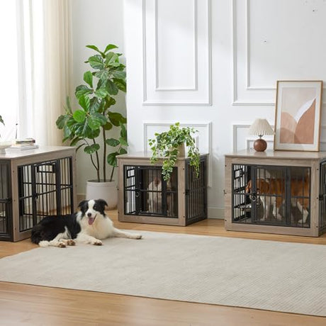 38 Inch Heavy Duty Dog Crate Furniture for Medium Dogs, Decorative Pet House End Table with 3 Doors & Adjustable Bowls, Wooden Cage Kennel Furniture Indoor, Rustic Grey Gardner Pet