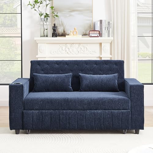 Merax 3 in 1 Convertible Sleeper Sofa Bed with Storage, Futon Couches for Living Room with USB Ports | CupHolder| Reversible Backrest | Pull Out Couch |Small Loveseat,Blue Merax