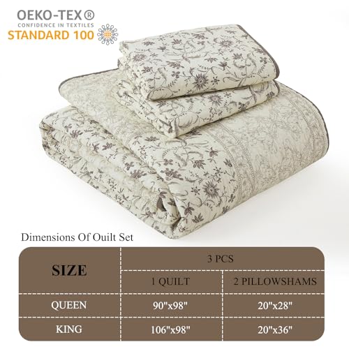 DDUOXIN 3 Piece Queen Quilt Set - 100% Cotton Soft Farmhouse Queen Quilt with 2 Pillow Shams, Botanical Style Floral Print Bedspread Lightweight Comforter Bedding Set, Purple Brown/Beige, Queen DDUOXIN