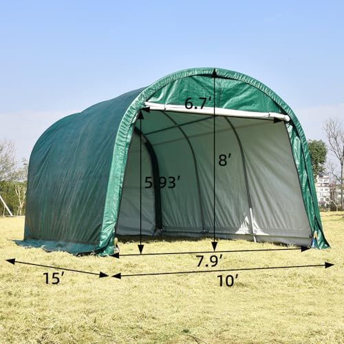 Walsport 10x15 Carport Canopy, Portable Garage with Steel Frame and Waterproof Cover, Round Roof Car Tent for Outdoor Storage Shed Car (Green) walsport