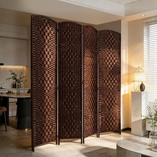 HOMCOM Room Divider, 4 Panel Folding Privacy Screen, 6FT Tall Portable Wicker Weave Partition Wall Divider for Bedroom, Home Office, Brown HOMCOM