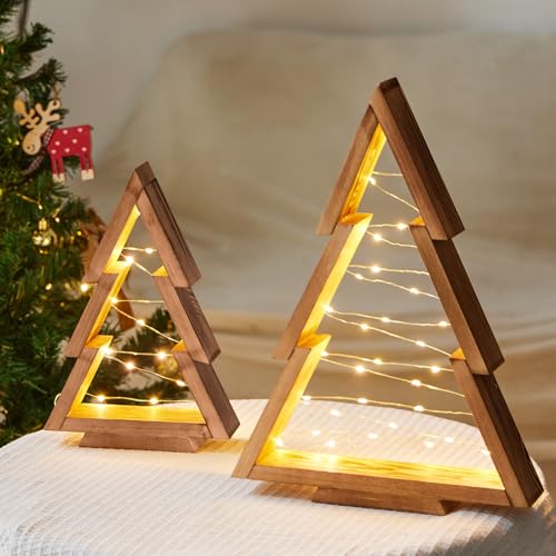 Mokof 2 Pack Wooden Tabletop Christmas Trees with Lights, Modern Christmas Decorations Indoor, Farmhouse Christmas Decor Small Tree for Table Top, Mantle, Shelf (Large-14.2 in, Small-10.2 in)