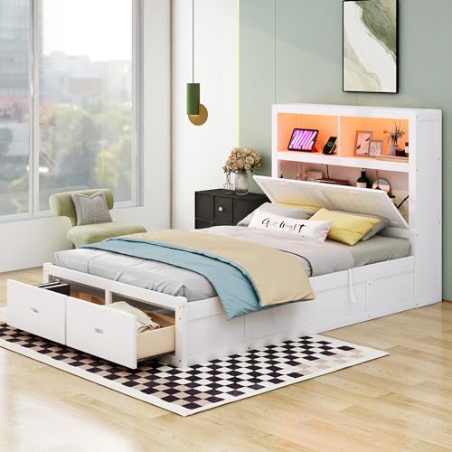 Hydraulic Platform Bed with LED Headboard, Storage Drawers, and Charging Station – Solid Wood Frame (Gray) WoodArtSupply