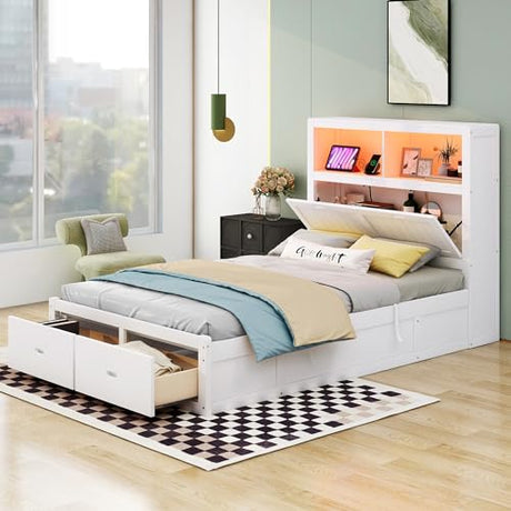 Hydraulic Platform Bed with LED Headboard, Storage Drawers, and Charging Station – Solid Wood Frame (Gray) WoodArtSupply
