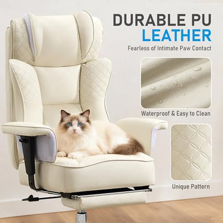 OwgeinSet Big and Tall Office Chair, Ergonomic Leather Reclining Chair with Footrest, High-Back Comfy Executive Computer Desk Chairs with Lumbar Support, Wide Seat, 400LBS (Beige) OwgeinSet