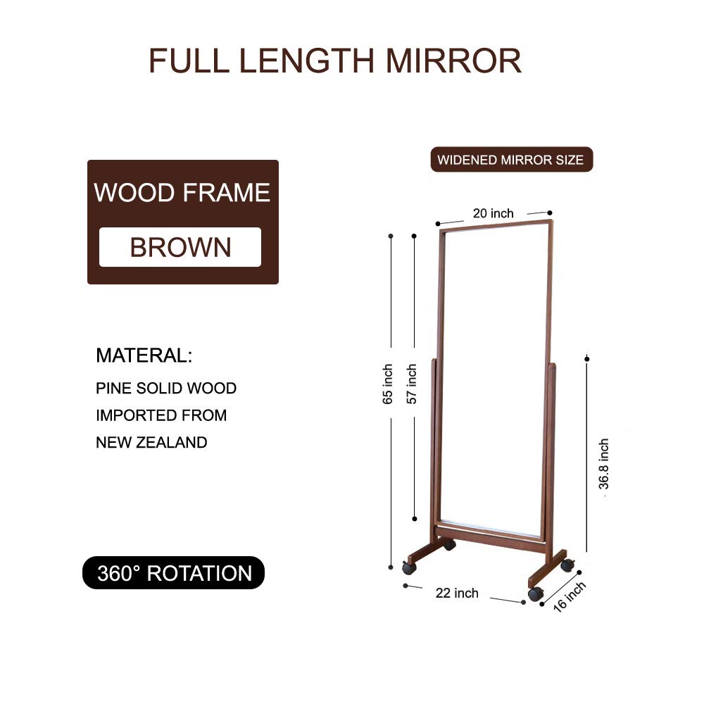 AISUNDY Swivel Adjustable Full Length Mirror on Wheels, Pine Wood Frame Cheval Bedroom Floor Mirror Dressing Mirror Body Mirror with Standing Holder (Brown, 65"x22") AISUNDY
