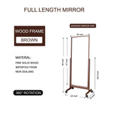 AISUNDY Swivel Adjustable Full Length Mirror on Wheels, Pine Wood Frame Cheval Bedroom Floor Mirror Dressing Mirror Body Mirror with Standing Holder (Brown, 65"x22") AISUNDY