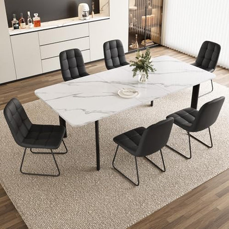 HIPIHOM Extendable Dining Table Set for 6-8 People, 63 to 78.7 Inch MDF Kitchen Table with 6 Upholstered Chairs, Space-Saving for Dining Room, Breakfast Nook (White Table & 6 Black U-Shaped Chairs) HIPIHOM