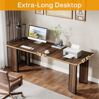 LITTLE TREE 78.8 inch Extra Long Computer Desk, 2 Person Home Office Desks Simple Large Workstation Wood Writing Table Double Long Desk for Home Office Bedroom Study, Black Rustic Brown - WoodArtSupply