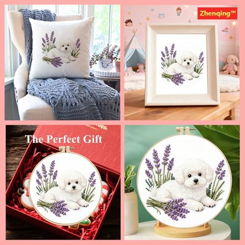 Zhenqing White Poodle Cross Stitch Kit with Lavender Bouquet, 11CT Printed 24x24cm, Beginner Embroidery Set with 20cm Hoop(70792)
