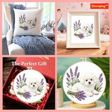 Zhenqing White Poodle Cross Stitch Kit with Lavender Bouquet, 11CT Printed 24x24cm, Beginner Embroidery Set with 20cm Hoop(70792)