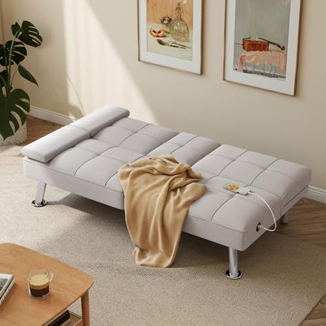 HAOMARKETS Futon Sofa Bed with USB Charging Port, Convertible Futon Couch with 2 Cup Holders,Modern Folding Loveseat Sleeper Couches for Small Spaces, Living Room, White HAOMARKETS