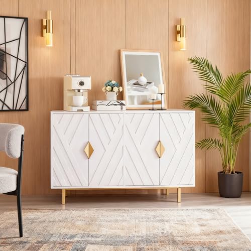 VAXZOFI Sideboard Buffet Cabinets with Storage, Accent Storage Cabinets with Fluted Doors, Gold Metal Handle and Legs, Wood Console Table Credenza for Living Room, Entryway, White VAXZOFI