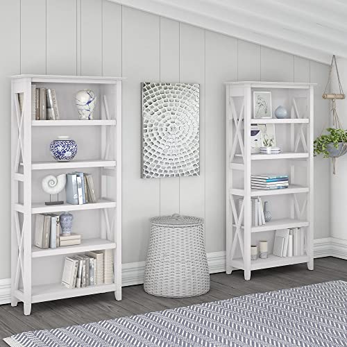 Bush Furniture Key West 5-Shelf Tall Bookcase Set in Pure White Oak for Elegant Storage Solutions Bush Business Furniture